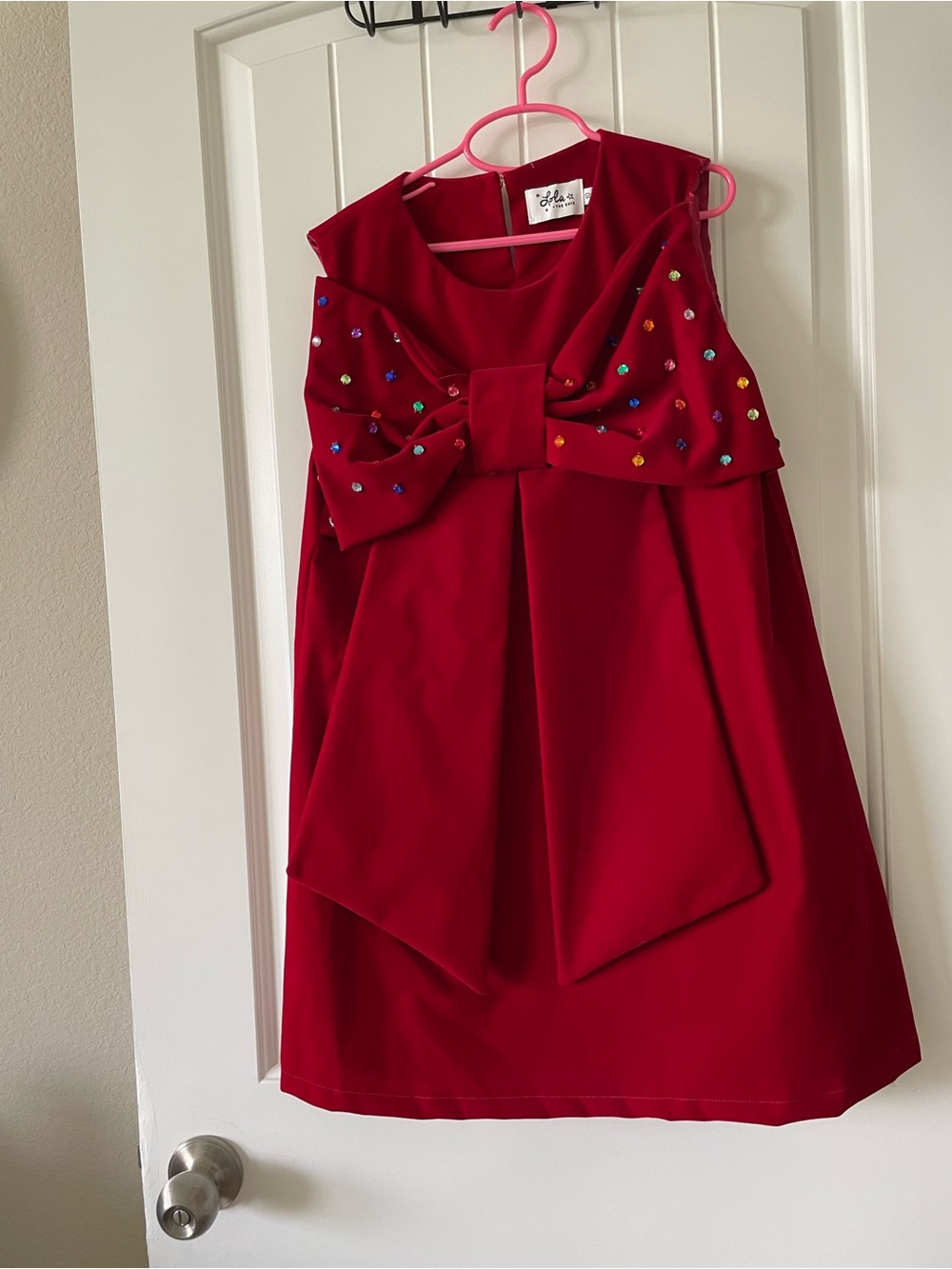 lola Red Sleeveless Party Dress with Jewel-Studded Bow